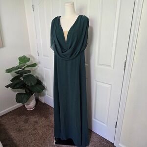 Unithorse Maxi Gown Womens 1XL Forest Green Draped Cowl V-Neck Chiffon Formal